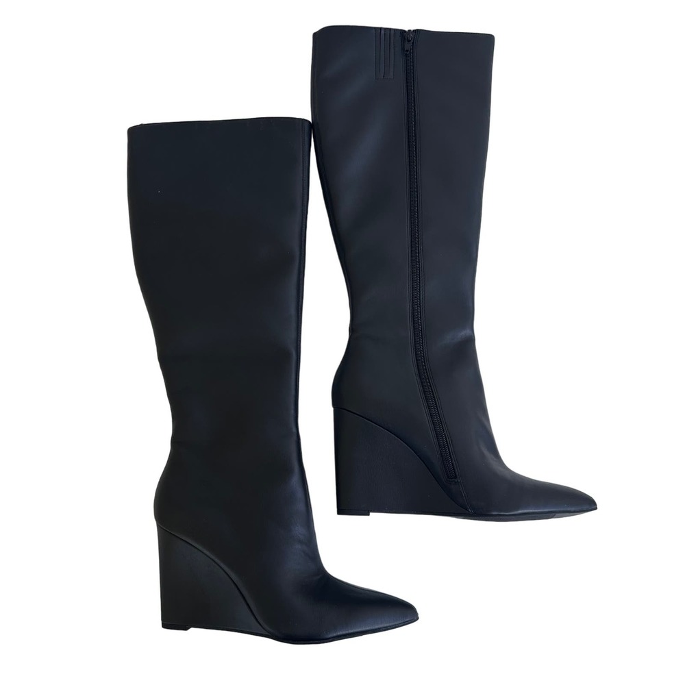 Black Wedge Knee-High Heeled Boots